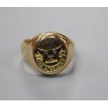 An 18ct signet ring, carved with the Seaforth Highlanders crest and motto, size L, 10.7 grams.