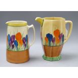 Two Clarice Cliff crocus pattern jugs, tallest 20cmCONDITION: Tallest has a possible ground down