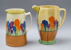 Two Clarice Cliff crocus pattern jugs, tallest 20cmCONDITION: Tallest has a possible ground down