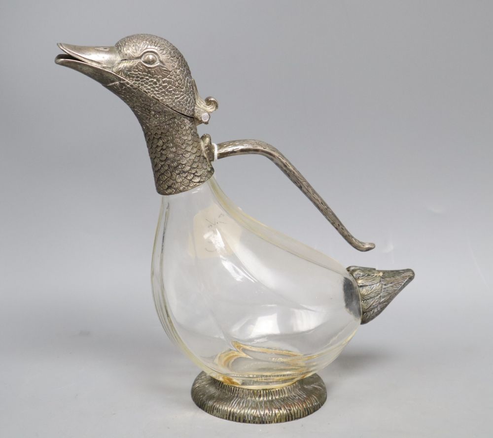 A silver plated novelty duck decanter, height 26cm