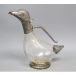 A silver plated novelty duck decanter, height 26cm