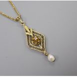 A pierced yellow metal, diamond and baroque pearl drop pendant, 33mm, gross 1.5 grams, on a gold