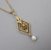 A pierced yellow metal, diamond and baroque pearl drop pendant, 33mm, gross 1.5 grams, on a gold