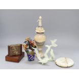 A Chinese hardstone tree, an onyx vase, a broken figure, an alarm clock and a match box