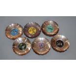 A set of six continental sterling and cloisonne enamel circular nut dishes, 81mm, gross 7.5 oz.