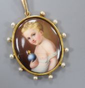 A late 19th century yellow metal and seed pearl mounted oval painted enamel panel pendant, inscribed