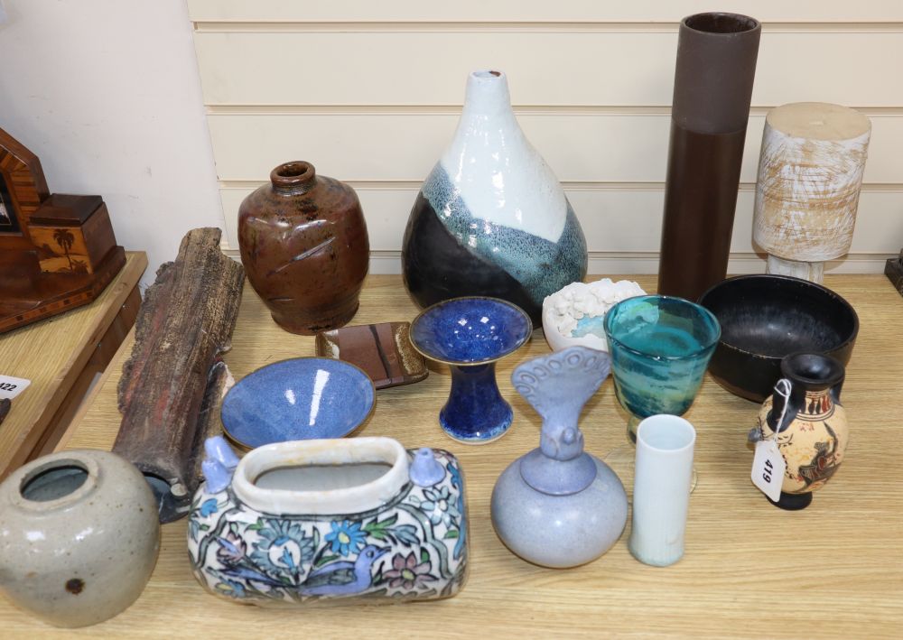 A quantity of Studio pottery, tallest vase 33cm