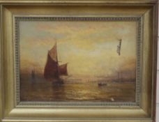 George Stainton (1838-1900), oil on canvas, Coastal scene at sunset, signed, 24 x 34cm. tear to