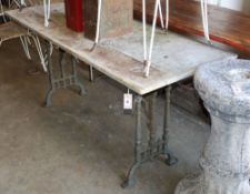 A Victorian cast iron rectangular white marble top garden table, W.153cm, D.60cm, H.70cmCONDITION: