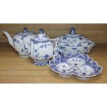 Two Royal Copenhagen blue and white onion pattern teapots, a lidded tureen and an hors d'oeuvres