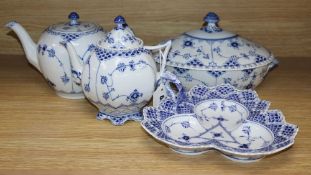 Two Royal Copenhagen blue and white onion pattern teapots, a lidded tureen and an hors d'oeuvres