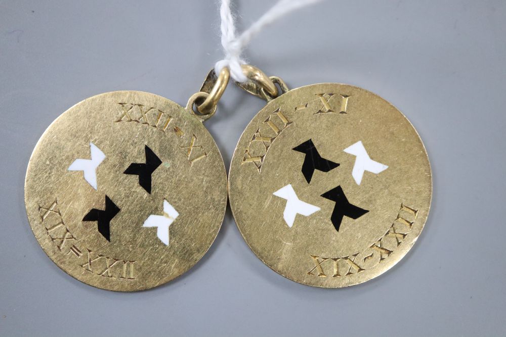 Two yellow metal and enamel pendant medallions, both engraved 'Audrey', 26mm, gross 14.9 grams. - Image 2 of 2