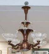 An Art Deco copper and frosted glass waterfall style electrolier, drop 65cm