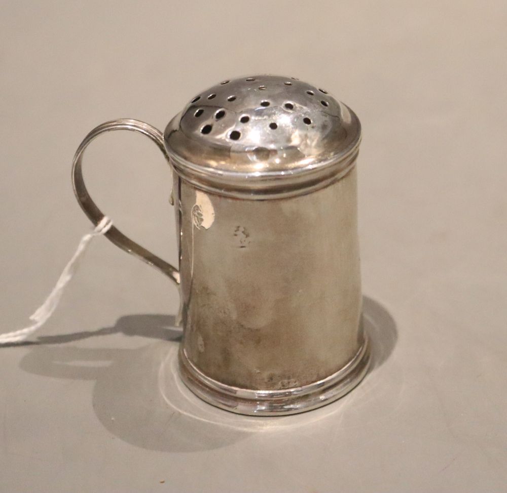 An early 18th century? silver pounce pot, indistinct marks, height 58mm, 45 grams.CONDITION: Two