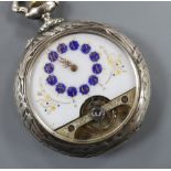 An 800 white metal Hebdomas style pocket watch, case 53mm.CONDITION: Decoration a little tired en
