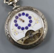 An 800 white metal Hebdomas style pocket watch, case 53mm.CONDITION: Decoration a little tired en