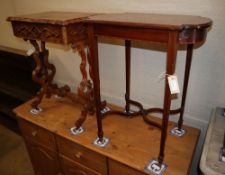 A late 19th century French walnut work table and an Edwardian banded mahogany shaped centre table,