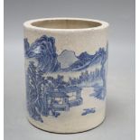 A Chinese blue and white crackle glaze brush pot, Kangxi mark but late 19th/early 20th century,