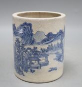 A Chinese blue and white crackle glaze brush pot, Kangxi mark but late 19th/early 20th century,