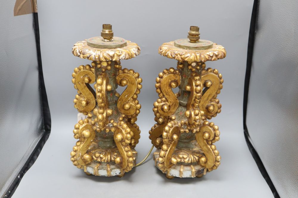 A pair of Italian late 19th / early 20th century giltwood, painted and mirrored table lamps, c.1900, - Image 5 of 5