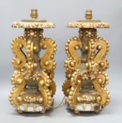 A pair of Italian late 19th / early 20th century giltwood, painted and mirrored table lamps, c.1900,