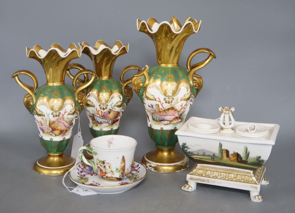 A garniture of three Rockingham style vases, a Capo di Monte cup and saucer and a 19th century