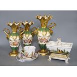 A garniture of three Rockingham style vases, a Capo di Monte cup and saucer and a 19th century