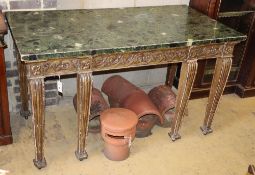 An 18th century style giltwood and gesso console table with painted faux marble top, W.144cm, D.
