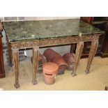 An 18th century style giltwood and gesso console table with painted faux marble top, W.144cm, D.