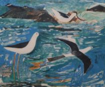 Rupert Shepherd, colour woodcut, artist proof, Avocets in a landscape, signed in pencil, 40 x