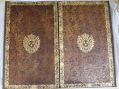 A French gilt tooled and brown leather double folding desk blotter, with retailers box for