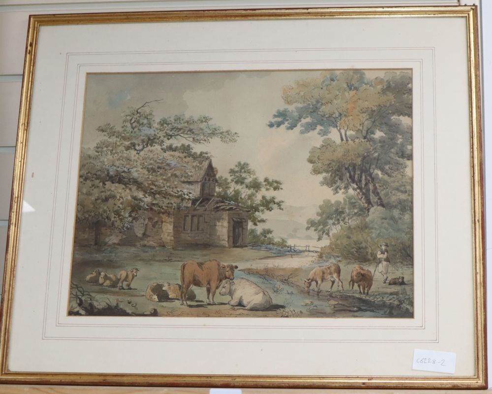 Circle of Peter La Cave (fl.1790-1810), watercolour with pen and ink, 'A Farmyard View', bears