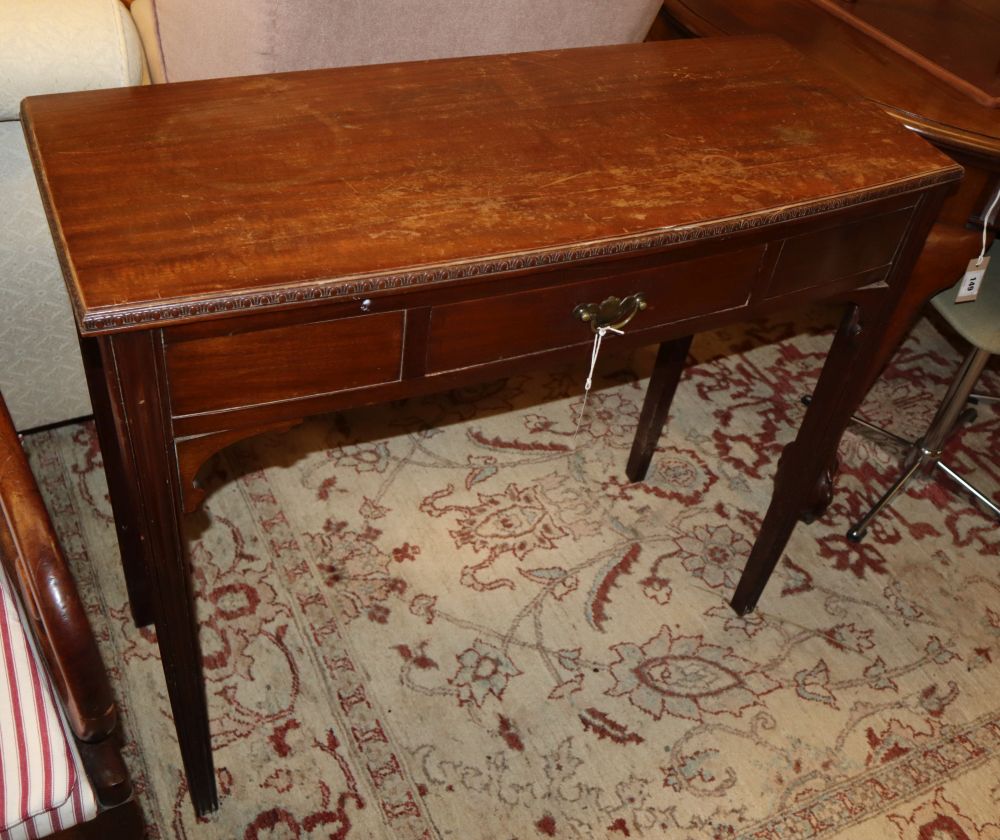 A Georgian style mahogany bow-fronted side table, fitted drawer, on moulded legs, W.89cm, D.36cm,