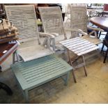 Three teak folding garden chairs and a folding table and side table