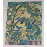 Rupert Shepherd, colour woodcut, Birds amongst flowering plants, signed in pencil, 1/200, 50 x 39cm,