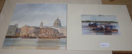 Dennis John Hanceri (1928-2011), two watercolours, St Paul's from the river and Tug boats, both