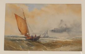 Walter William May (1831-1896) pair of watercolours, Shipping off the coast, signed, 20 x 32cm,