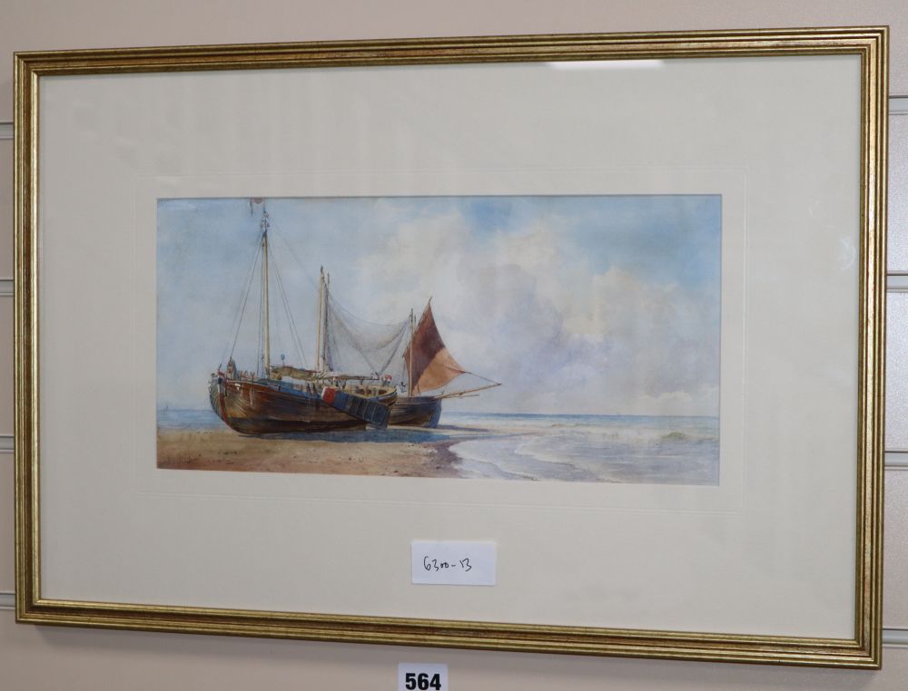 John Mogford (1821-1885), watercolour, 'Dutch Pinks and Whitby Lugger', signed, 16.5 x 34.5cm