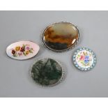 Two white metal mounted moss agate brooches, largest 51mm and two other enameled items including