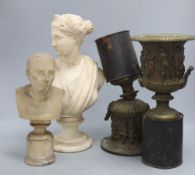 A pair of bronze campana-shaped urns and two alabaster busts, tallest 36cm