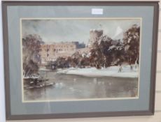 Francis Russell Flint (1915-1977), watercolour, Windsor Castle in winter, signed, 38 x 54cm