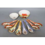 A Chinese enamel porcelain bowl, Daoguang mark and another bowl, various spoons and coral beads