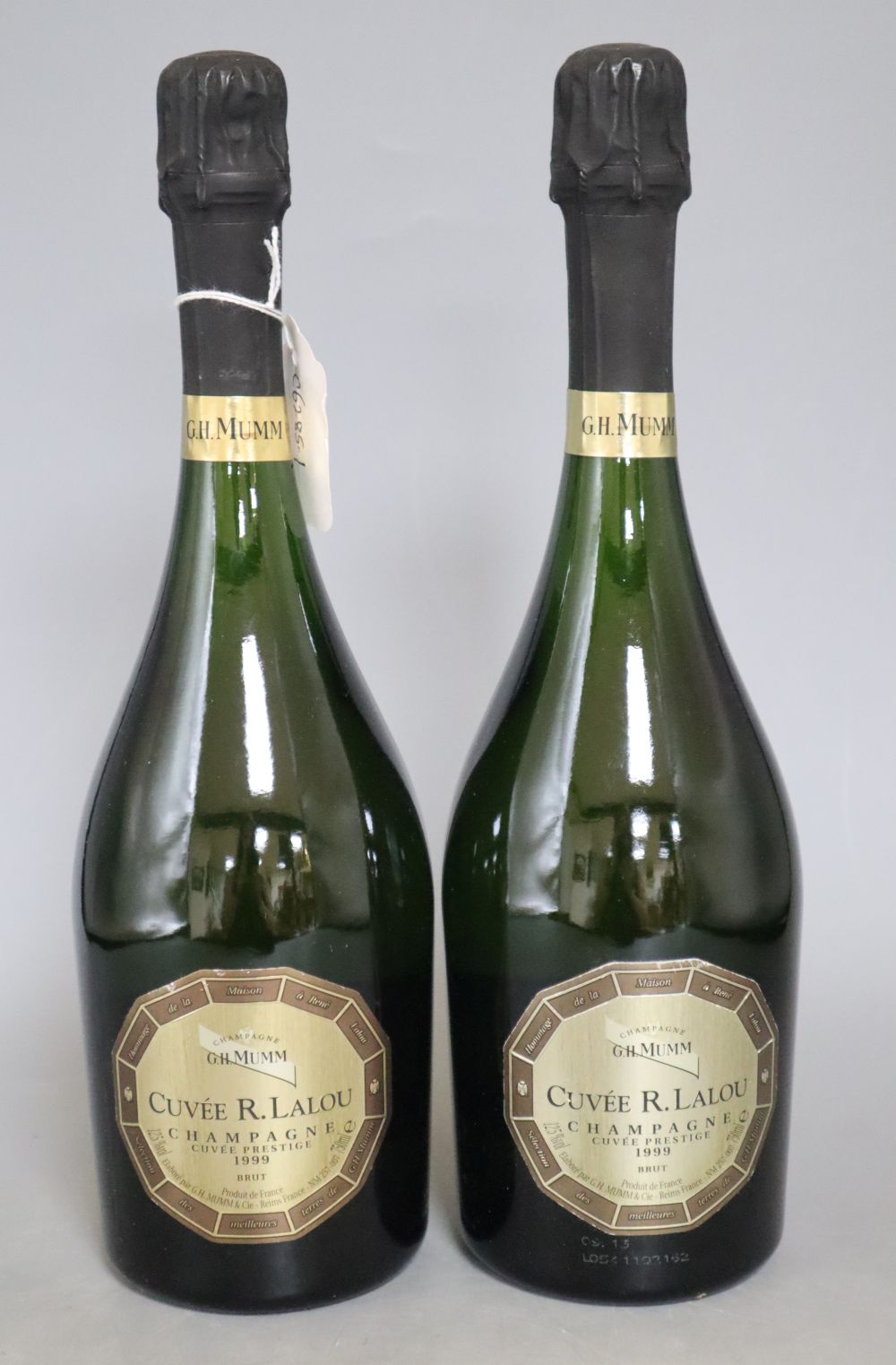 Two bottles of G.H. Mumm Cuvee R Lalou Prestige Brut Millesime, 75cl, 1999