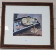 Rita Smith, watercolour, Still life of a glass and tea plate, signed and dated '90, 21 x 26cm