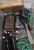 Mixed jewellery etc. including sterling and amethyst necklace, simulated jade necklaces and a garnet