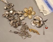 A silver charm bracelet and other mixed jewellery.