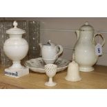 A late 18th / 19th century Italian creamware apothecary lidded jar, coffee pot and cover strainer (