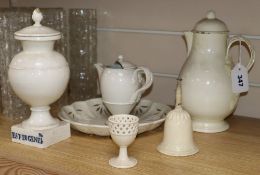 A late 18th / 19th century Italian creamware apothecary lidded jar, coffee pot and cover strainer (