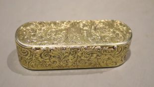 An early Victorian engraved silver gilt oval snuff box, Rawlings & Summers, London, 1837, 98.8