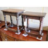 Two 18th century style oak joynt stools, larger W.43cm, D.25cm, H.45cm